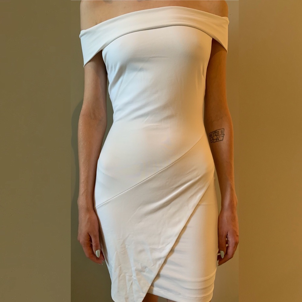Bebe white off the shoulder body con dress